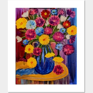 beautiful abstract flowers in vibrant colors in a tall glass vase set against a rainbow colors background painting. Posters and Art